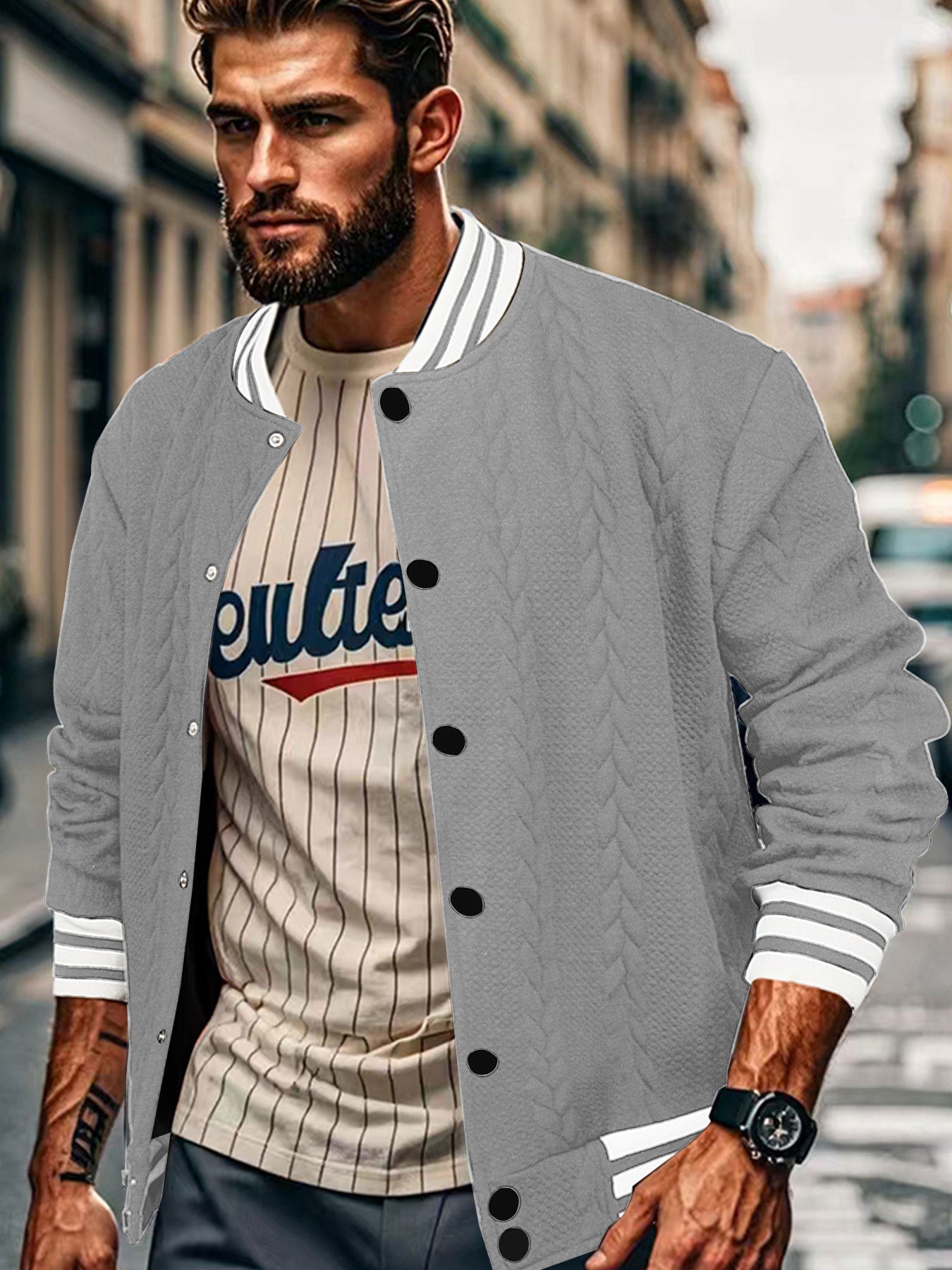 Jacquard Button Design Trendy Fashion Solid Color Men's Cardigan Baseball Jacket